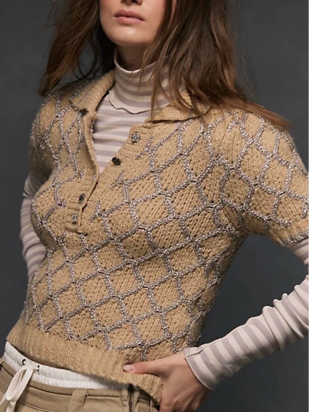 Free People Olivia Short Sleeve Collared Knit w/ Shinny Diamond Pattern Sweater